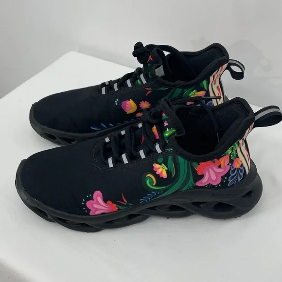 Floral Black Sneakers WOMENS SIZE 39 - Picture 2 of 7